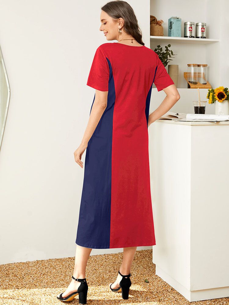 Robe Longue À Manches Courtes Et Col Rond Avec Poche