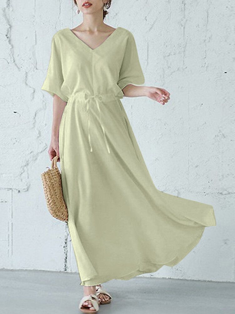 Robe Longue À Manches Courtes Et Col En V De Couleur Unie