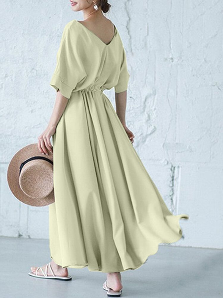 Robe Longue À Manches Courtes Et Col En V De Couleur Unie