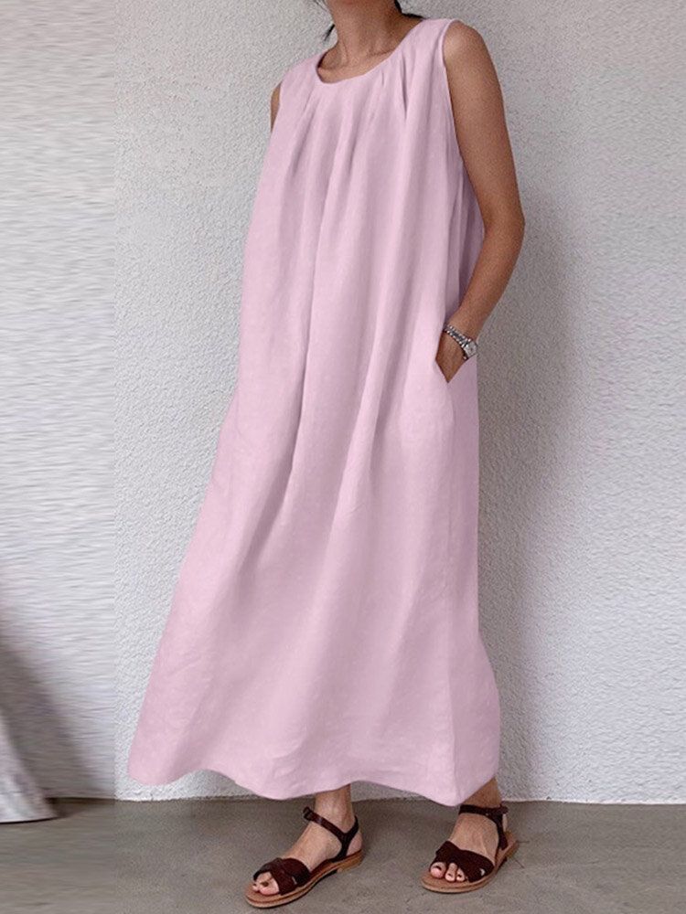 Robe Longue Sans Manches En Coton À Poche Unie Froncée À Col Rond