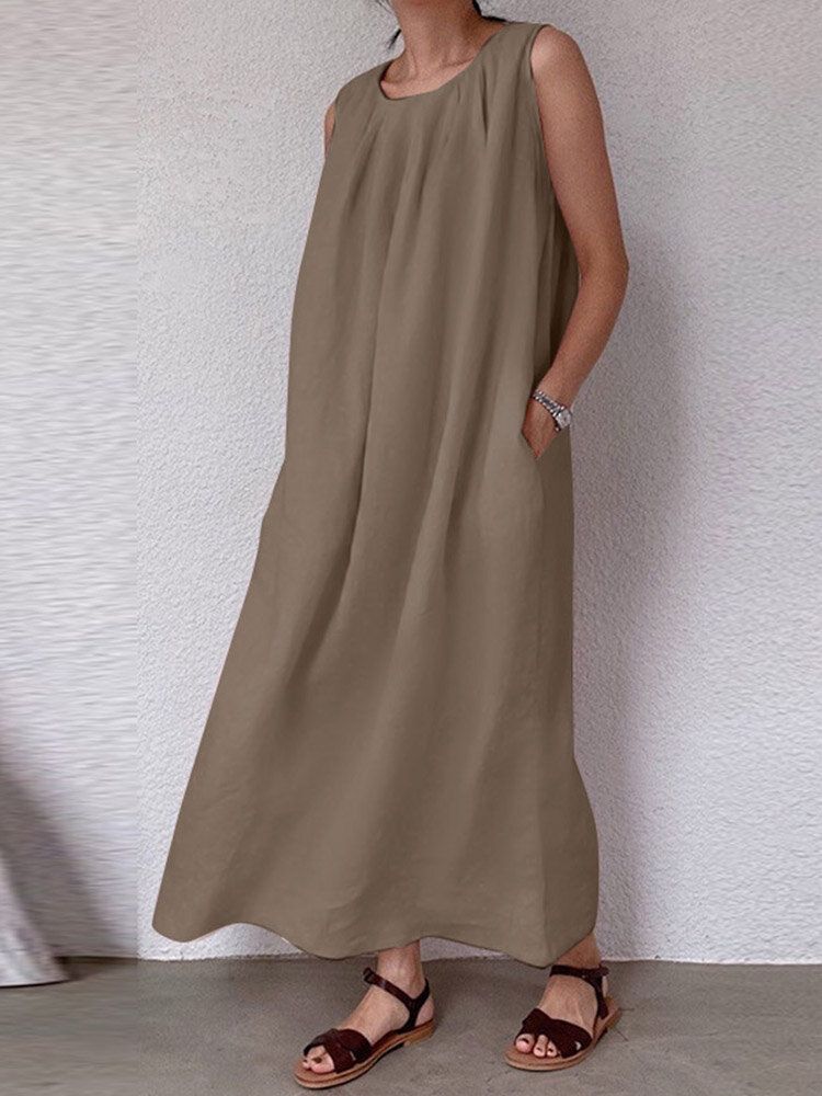 Robe Longue Sans Manches En Coton À Poche Unie Froncée À Col Rond