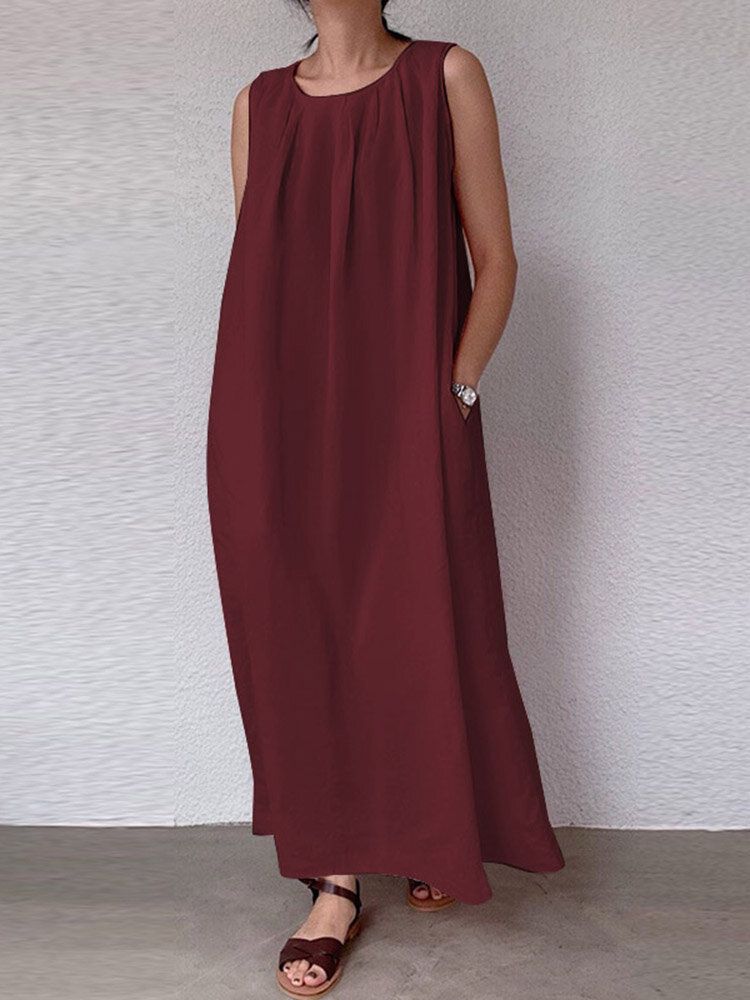 Robe Longue Sans Manches En Coton À Poche Unie Froncée À Col Rond