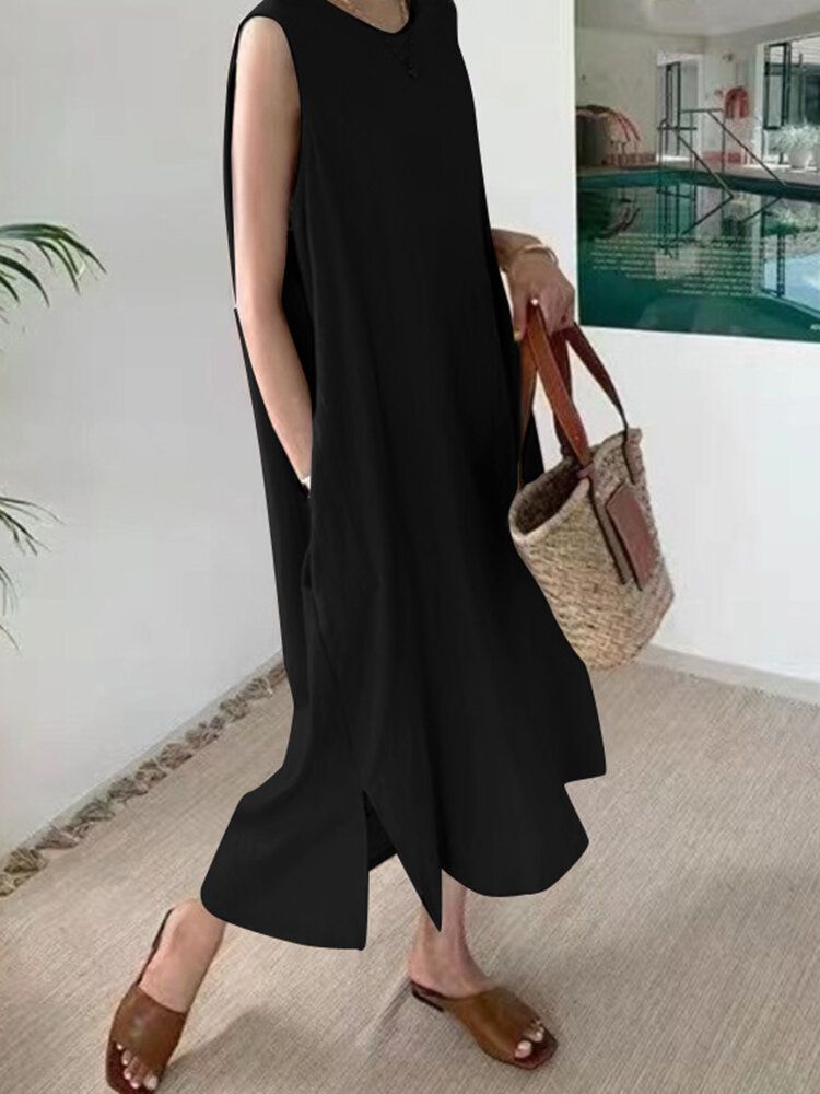 Robe Longue Sans Manches À Ourlet Fendu Avec Poche De Loisirs