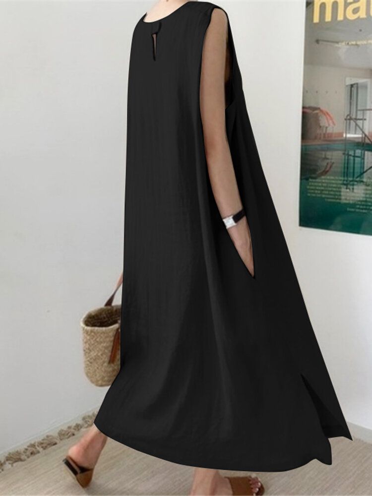 Robe Longue Sans Manches À Ourlet Fendu Avec Poche De Loisirs