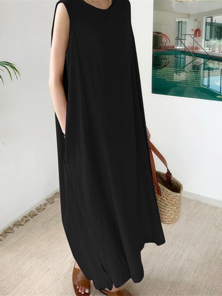 Robe Longue Sans Manches À Ourlet Fendu Avec Poche De Loisirs