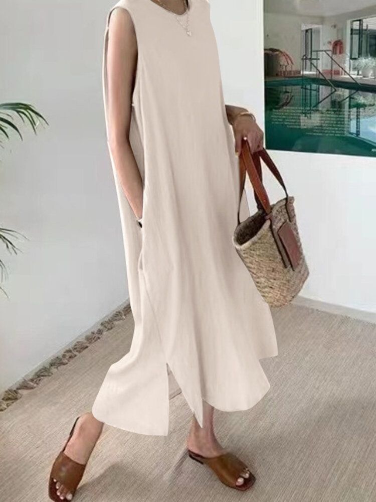 Robe Longue Sans Manches À Ourlet Fendu Avec Poche De Loisirs