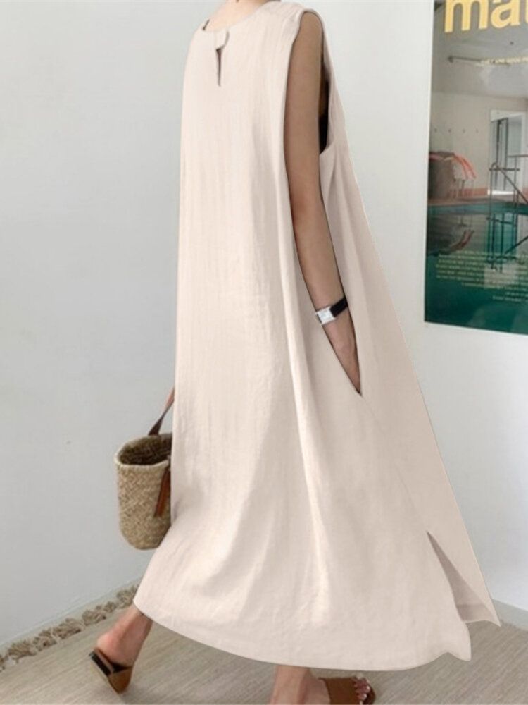 Robe Longue Sans Manches À Ourlet Fendu Avec Poche De Loisirs