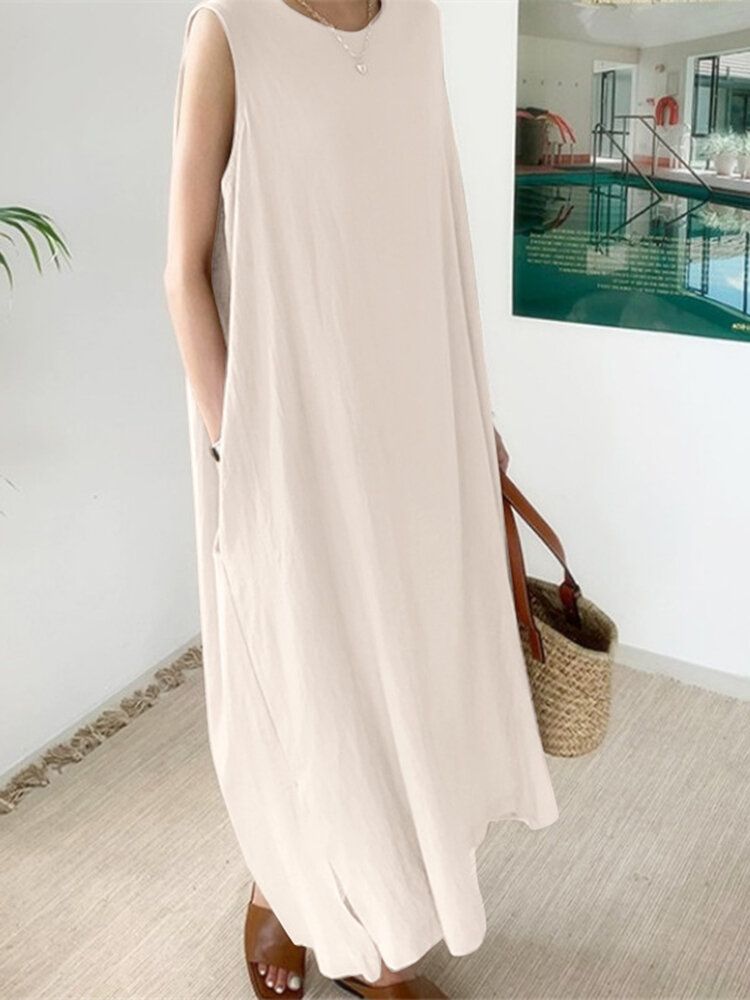 Robe Longue Sans Manches À Ourlet Fendu Avec Poche De Loisirs