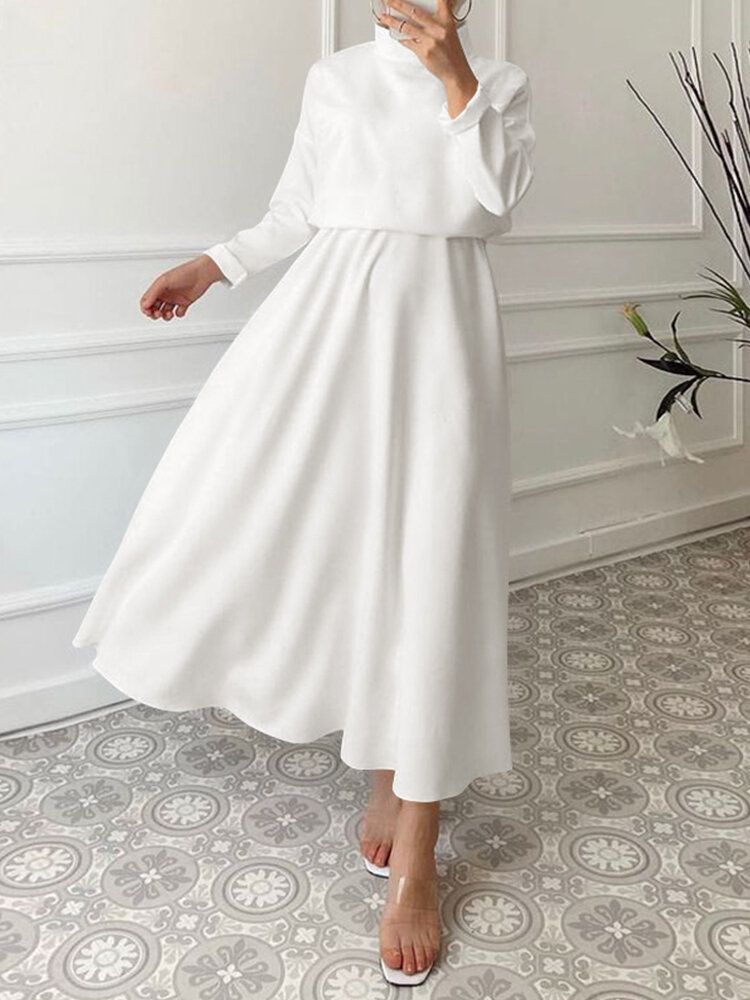 Robe Longue Solide À Col Montant Et Taille Élastique Avec Fermeture Éclair Dans Le Dos