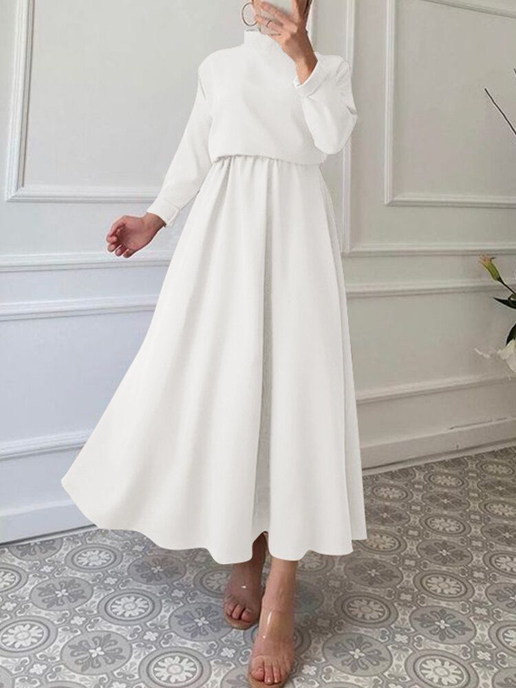 Robe Longue Solide À Col Montant Et Taille Élastique Avec Fermeture Éclair Dans Le Dos