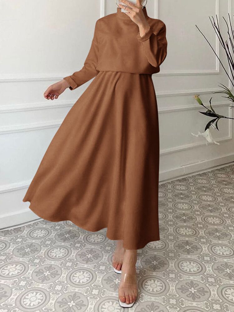 Robe Longue Solide À Col Montant Et Taille Élastique Avec Fermeture Éclair Dans Le Dos