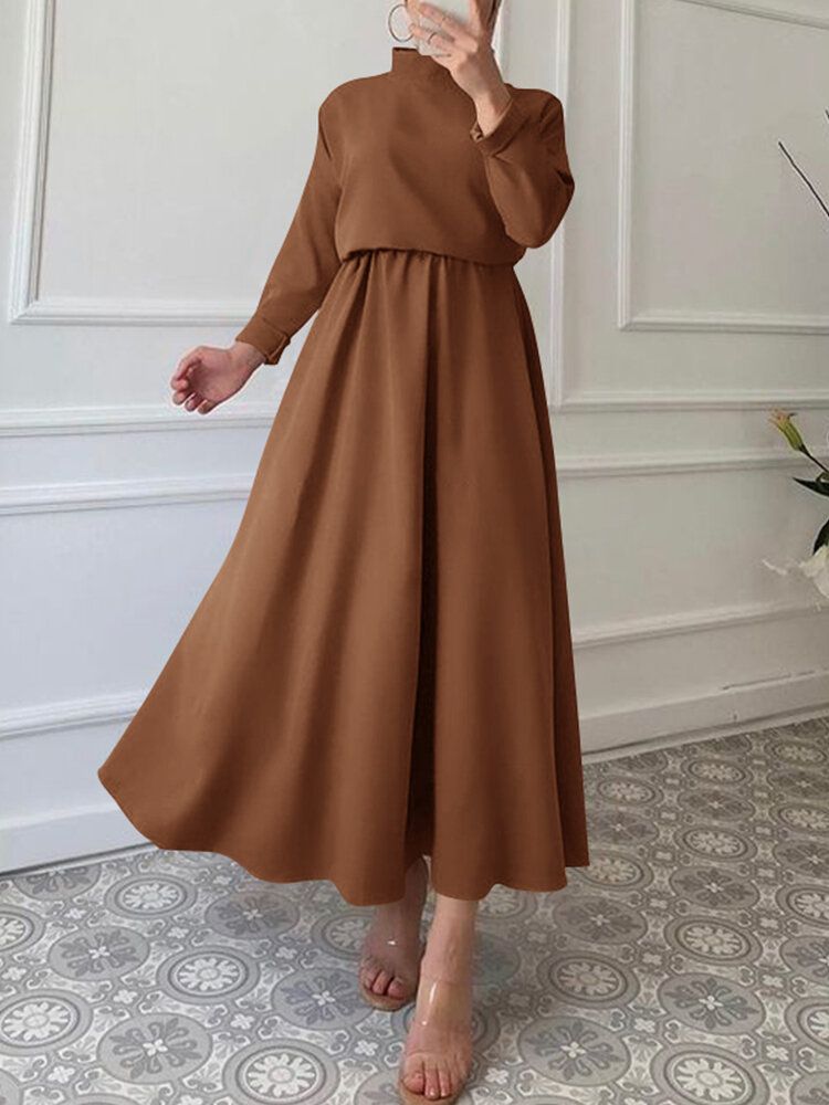 Robe Longue Solide À Col Montant Et Taille Élastique Avec Fermeture Éclair Dans Le Dos