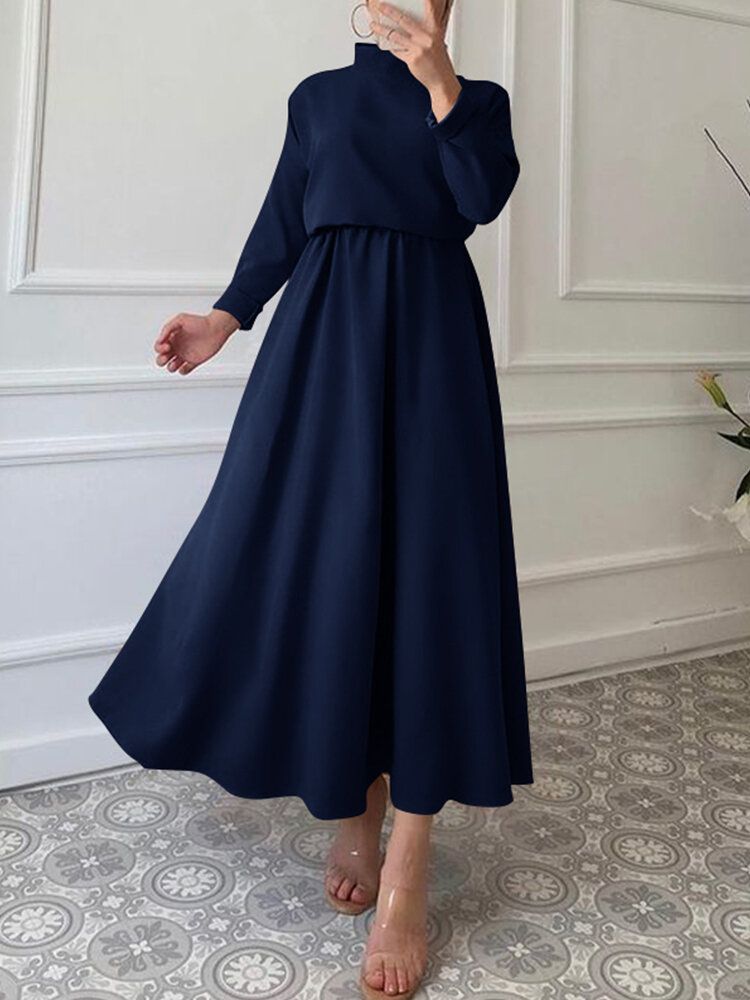 Robe Longue Solide À Col Montant Et Taille Élastique Avec Fermeture Éclair Dans Le Dos