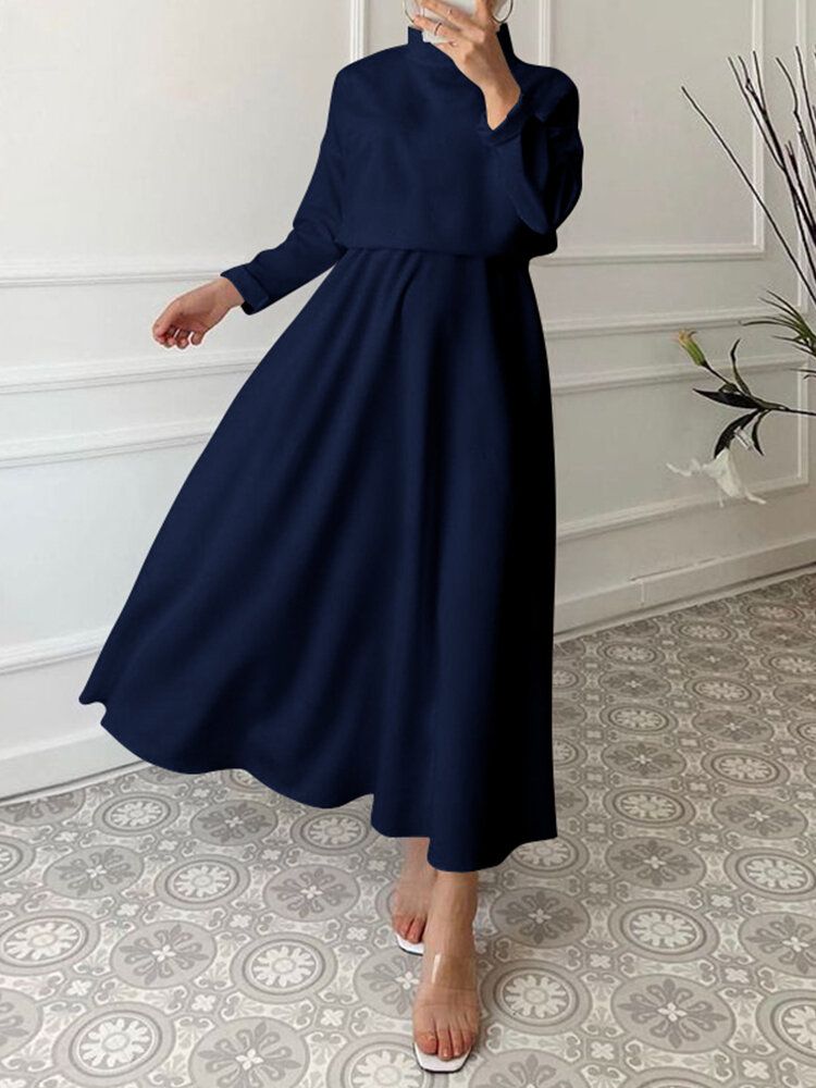 Robe Longue Solide À Col Montant Et Taille Élastique Avec Fermeture Éclair Dans Le Dos