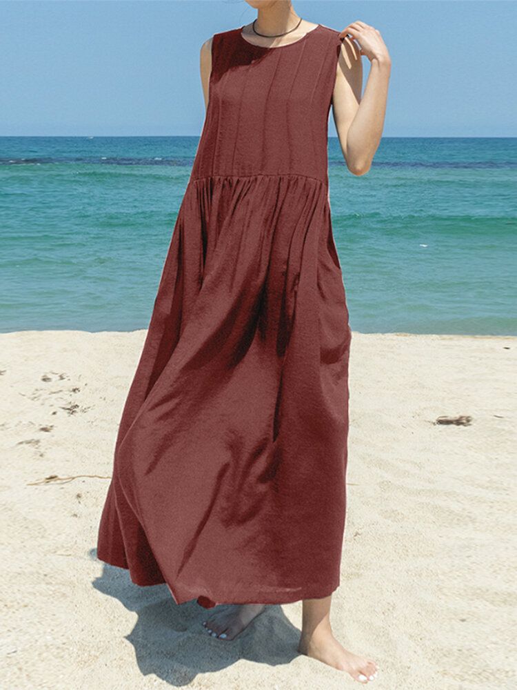 Robe Longue De Vacances Décontractée À Col Rond Sans Manches Avec Fermeture Éclair Et Poche