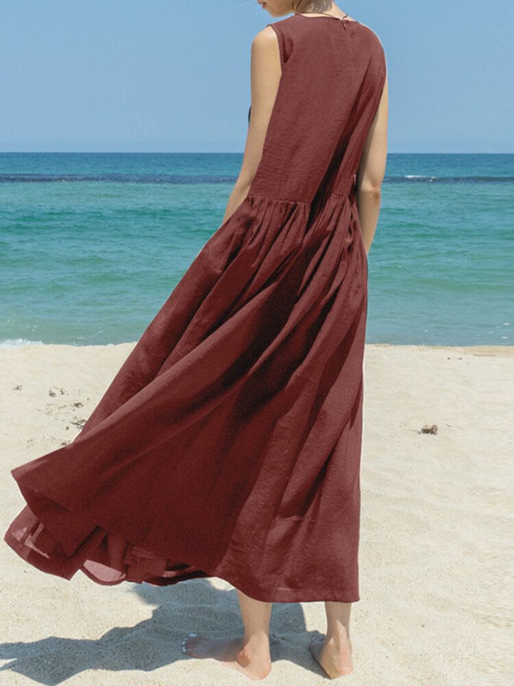 Robe Longue De Vacances Décontractée À Col Rond Sans Manches Avec Fermeture Éclair Et Poche