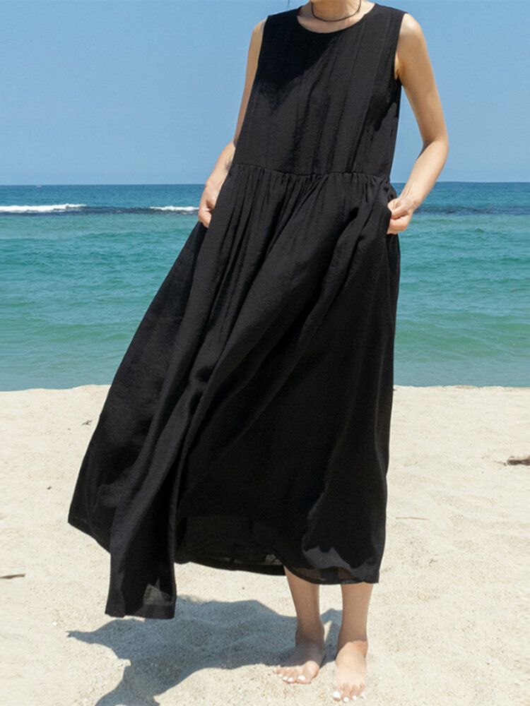 Robe Longue De Vacances Décontractée À Col Rond Sans Manches Avec Fermeture Éclair Et Poche