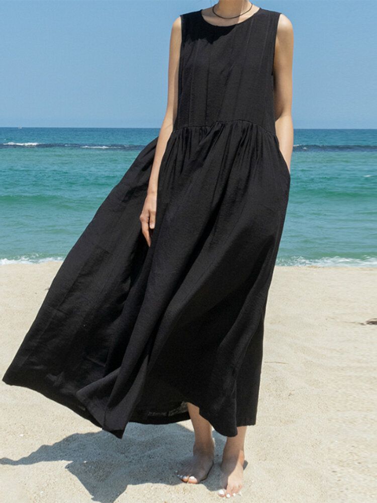 Robe Longue De Vacances Décontractée À Col Rond Sans Manches Avec Fermeture Éclair Et Poche