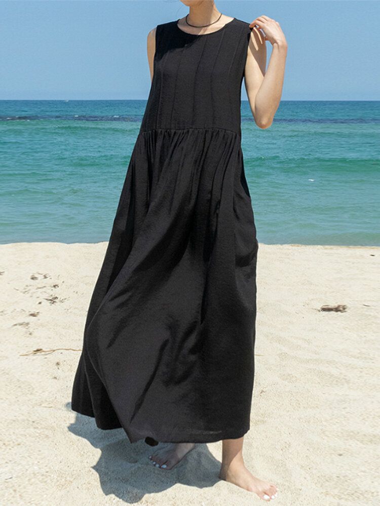 Robe Longue De Vacances Décontractée À Col Rond Sans Manches Avec Fermeture Éclair Et Poche