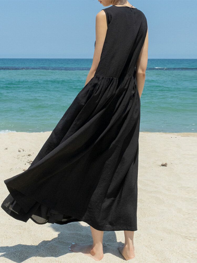 Robe Longue De Vacances Décontractée À Col Rond Sans Manches Avec Fermeture Éclair Et Poche