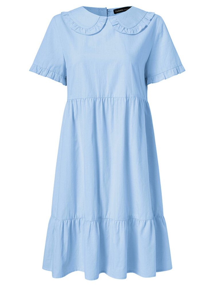 Robe À Manches Courtes Avec Col De Poupée De Couleur Unie Pour Femmes