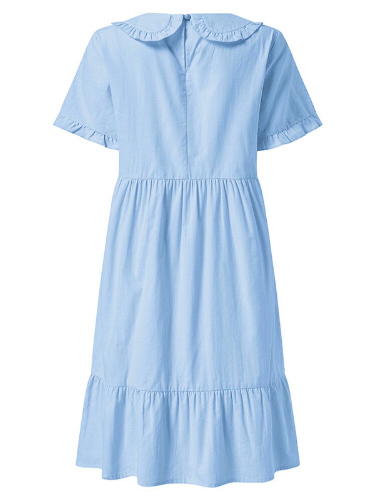 Robe À Manches Courtes Avec Col De Poupée De Couleur Unie Pour Femmes