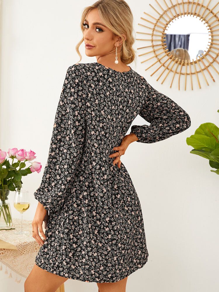 Robe À Manches Longues Et Col En V Froncé À Petites Fleurs