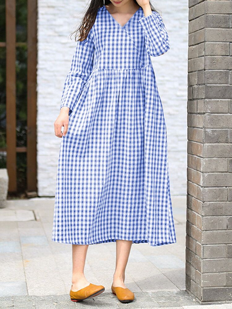 Robe À Manches Longues Quotidienne De Style Coréen À Carreaux Pour Femmes