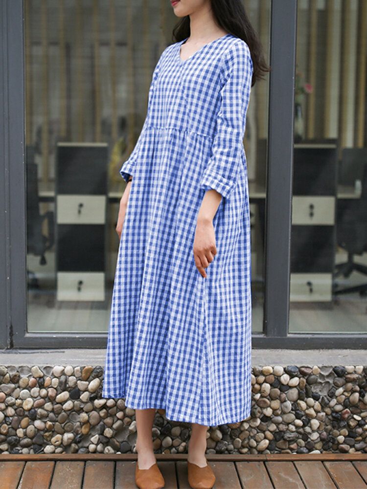 Robe À Manches Longues Quotidienne De Style Coréen À Carreaux Pour Femmes