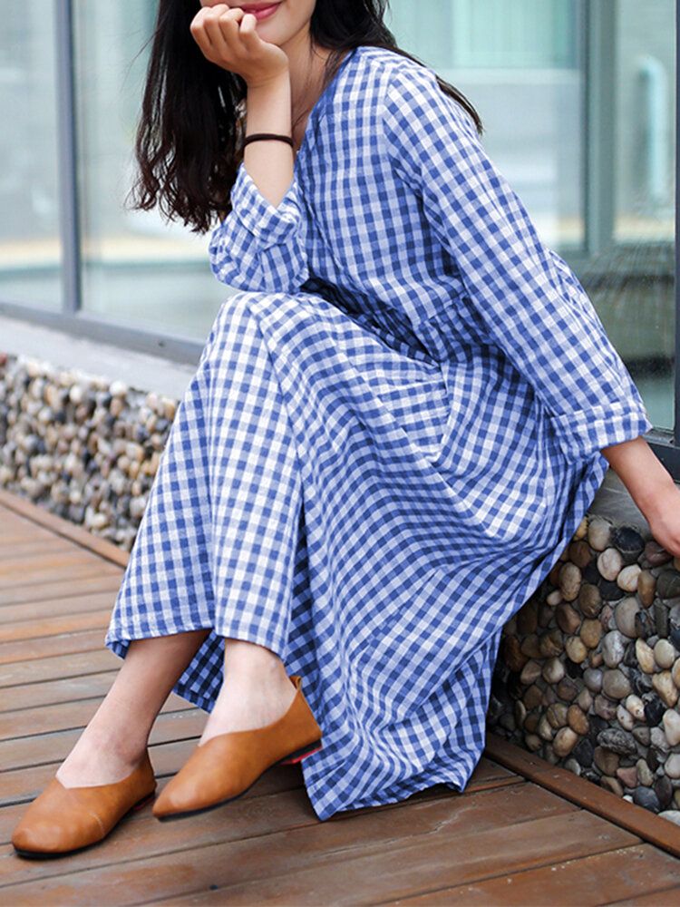 Robe À Manches Longues Quotidienne De Style Coréen À Carreaux Pour Femmes