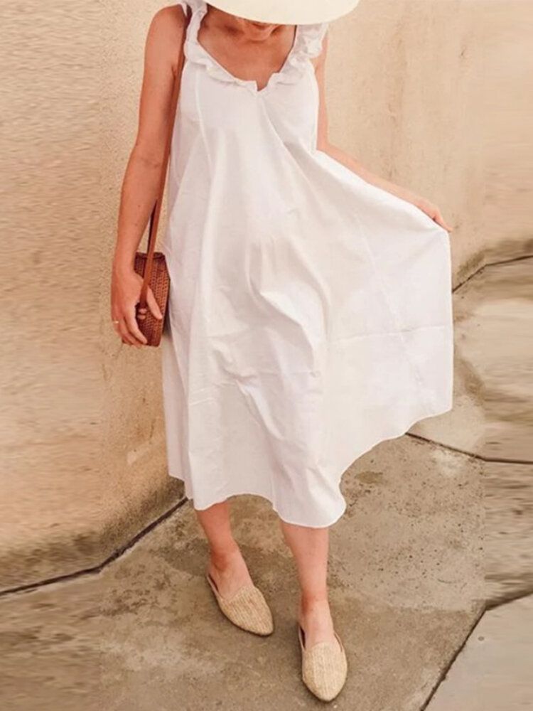 Robe Maxi A-ligne De Vacances De Couleur Unie À Volants Pour Femmes