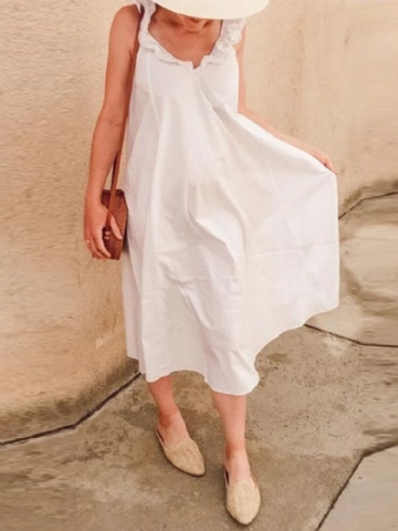 Robe Maxi A-ligne De Vacances De Couleur Unie À Volants Pour Femmes