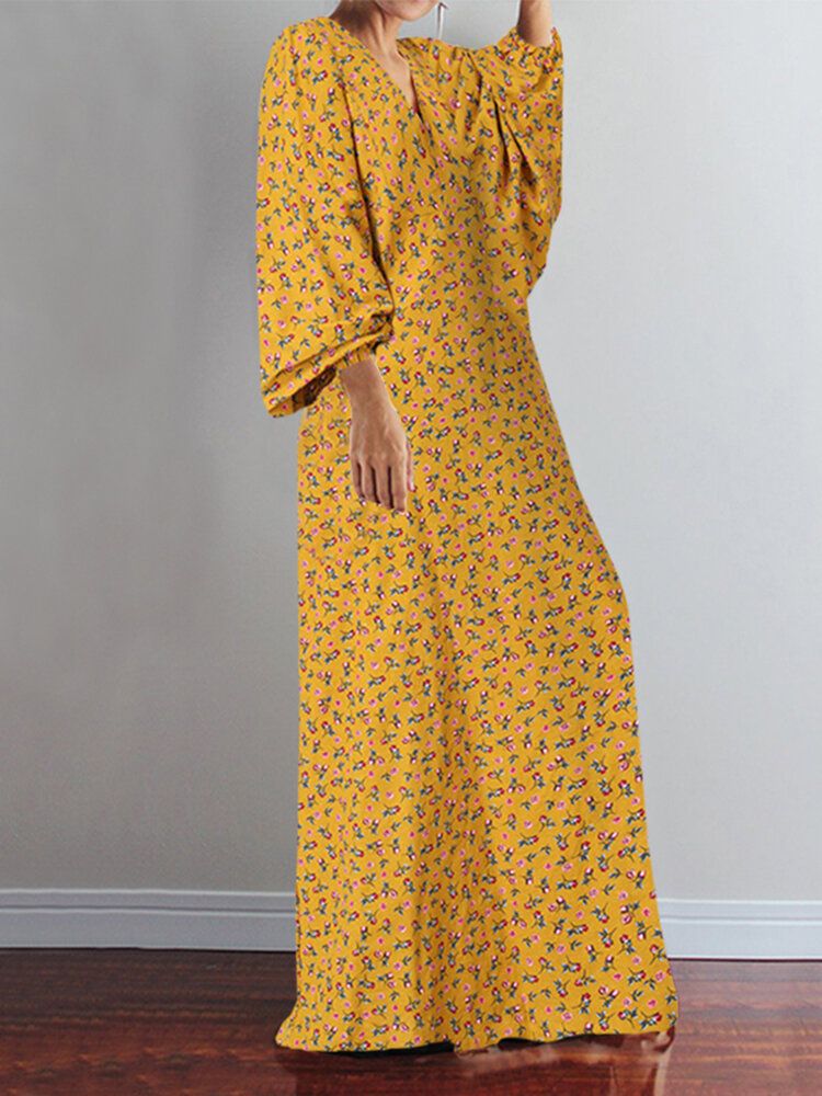 Robe Maxi Ample À Manches Longues Pour Femmes À Imprimé Floral Et Col En V