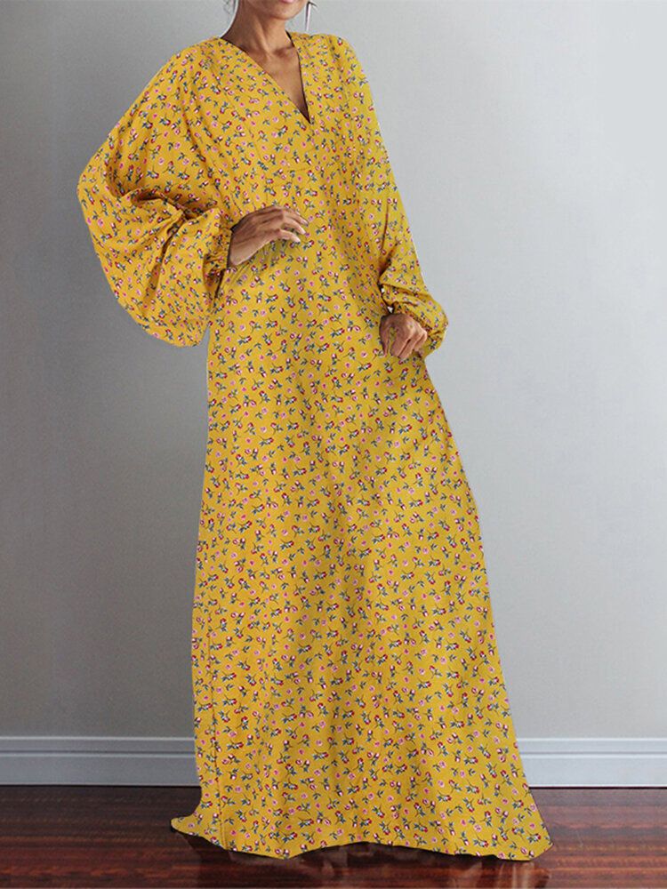 Robe Maxi Ample À Manches Longues Pour Femmes À Imprimé Floral Et Col En V