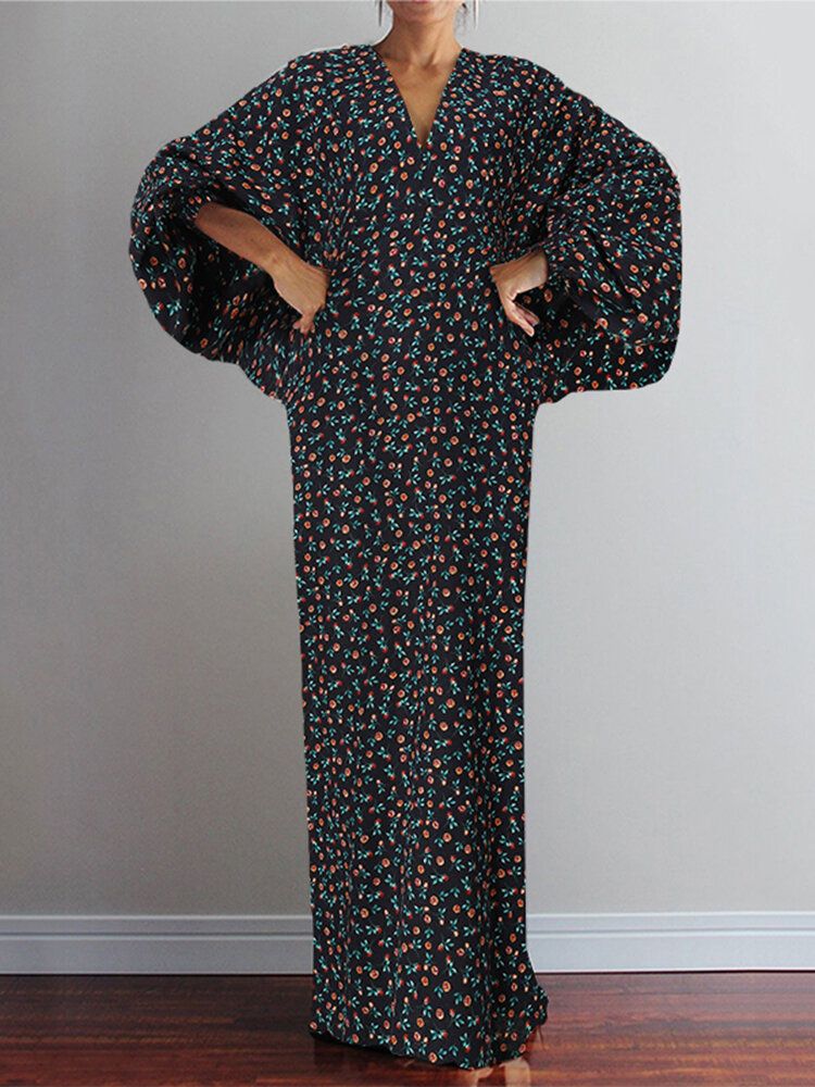 Robe Maxi Ample À Manches Longues Pour Femmes À Imprimé Floral Et Col En V