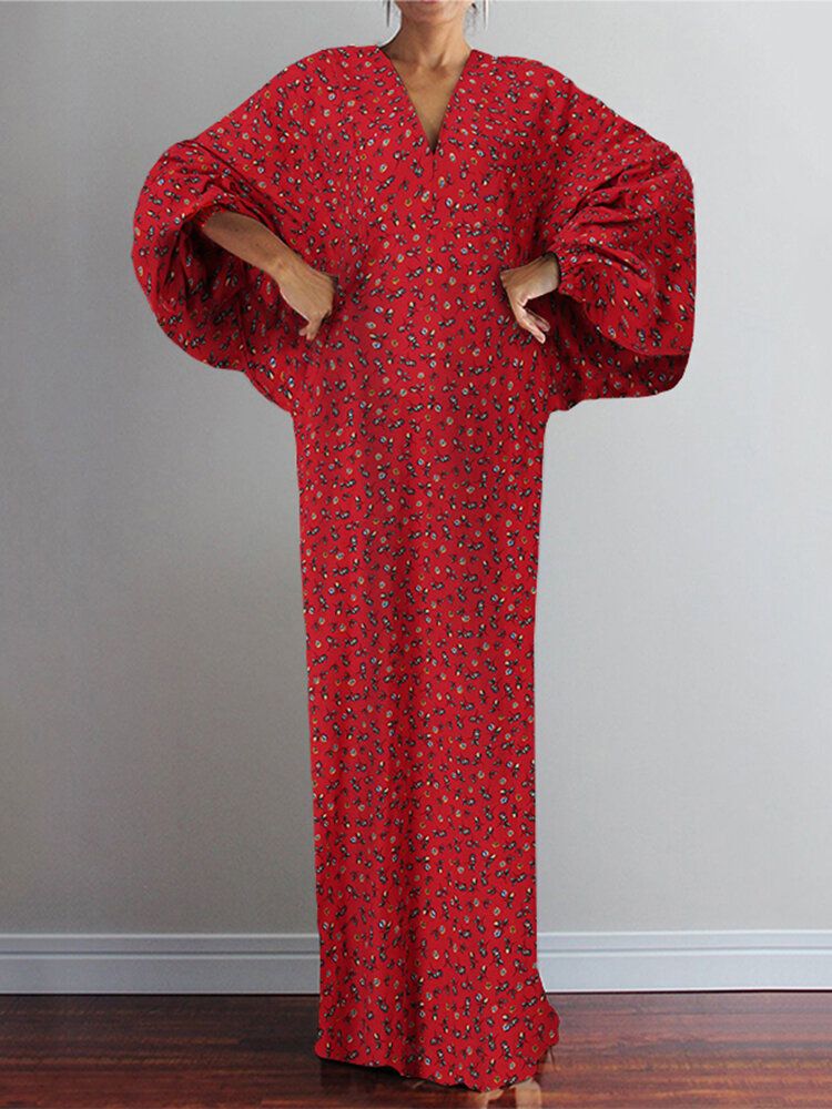 Robe Maxi Ample À Manches Longues Pour Femmes À Imprimé Floral Et Col En V