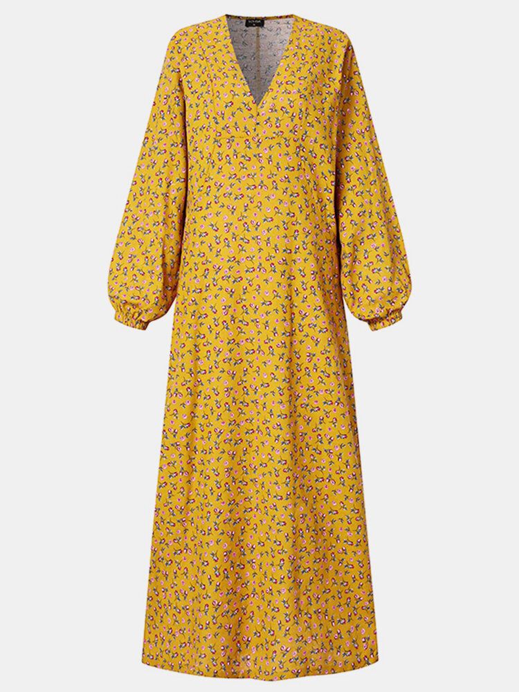 Robe Maxi Ample À Manches Longues Pour Femmes À Imprimé Floral Et Col En V