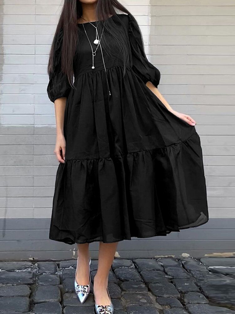 Robe Maxi Ample Plissée À Manches Bouffantes Pour Femme