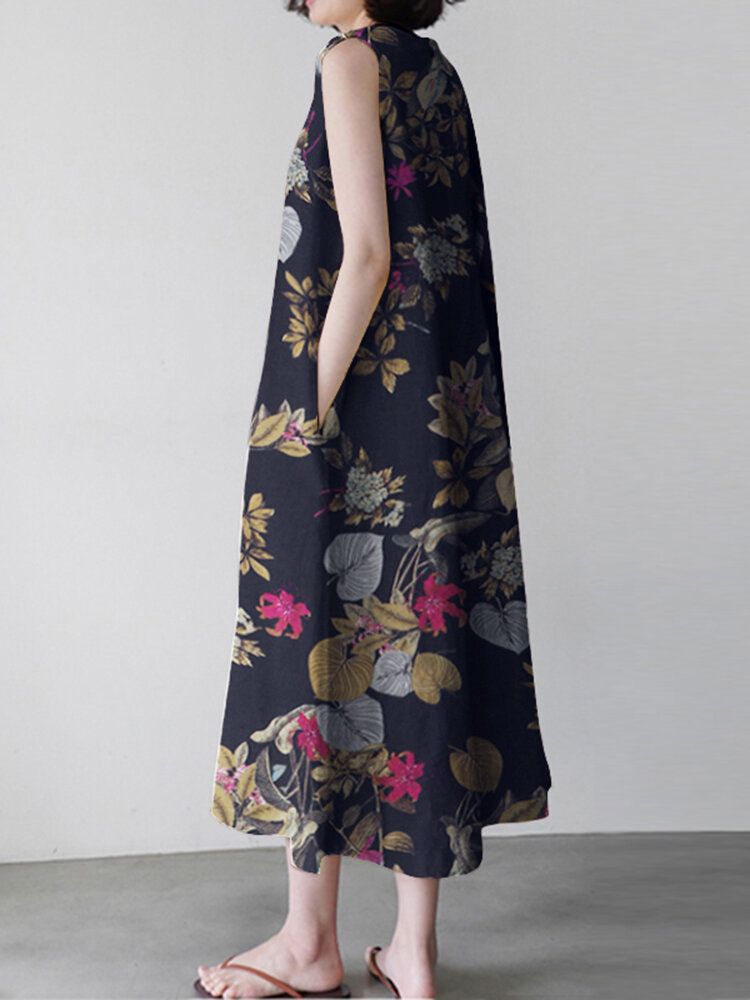 Robe Maxi Ample Sans Manches À Imprimé Floral Pour Femme Avec Poche Latérale