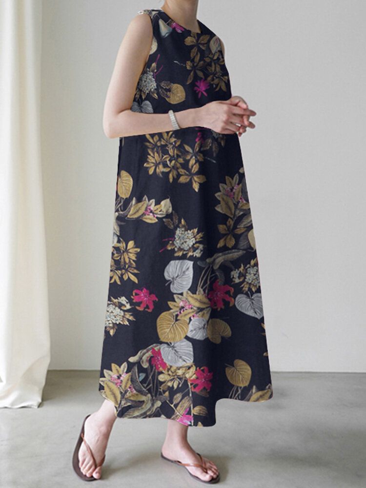 Robe Maxi Ample Sans Manches À Imprimé Floral Pour Femme Avec Poche Latérale