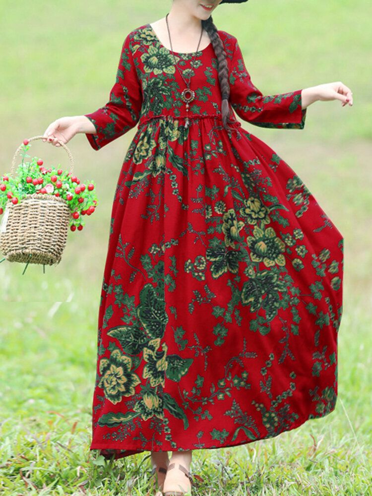 Robe Maxi Ample À Volants Imprimés Floraux Bohèmes Avec Poches Latérales