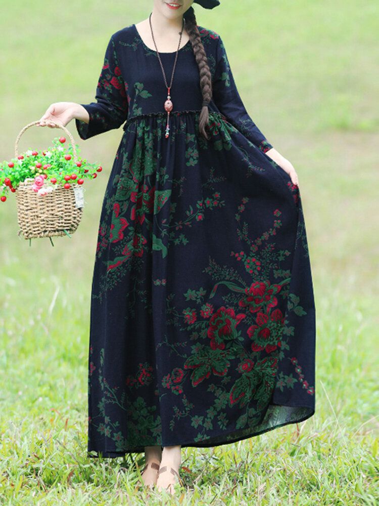 Robe Maxi Ample À Volants Imprimés Floraux Bohèmes Avec Poches Latérales