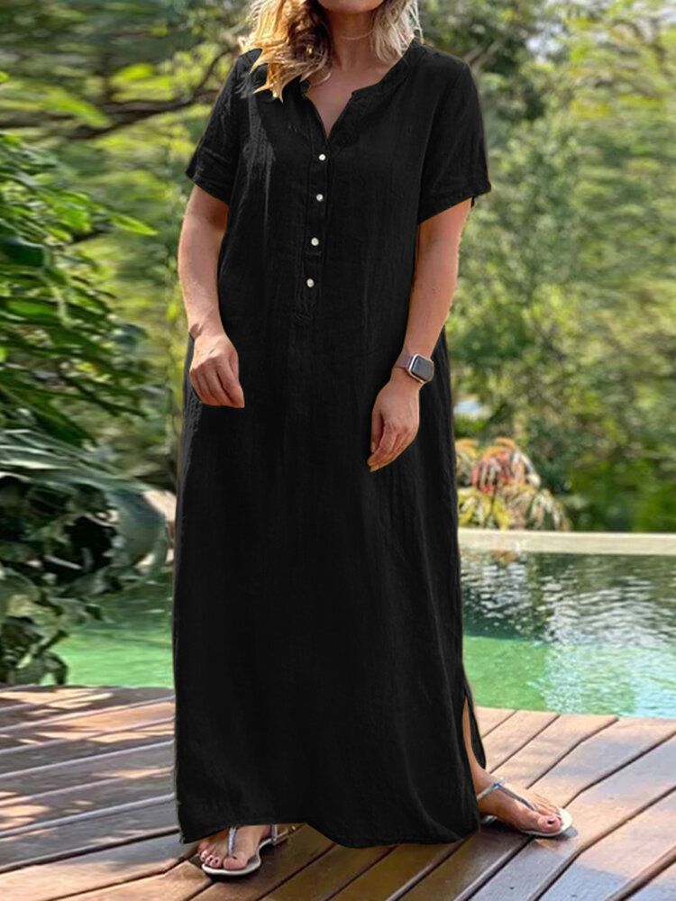 Robe Maxi Bohème Boutonnée À Manches Courtes Et Col Rond Décontracté