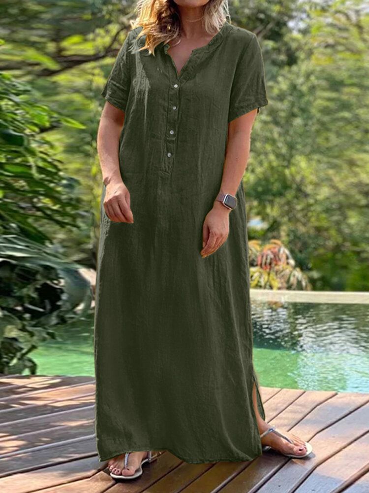 Robe Maxi Bohème Boutonnée À Manches Courtes Et Col Rond Décontracté