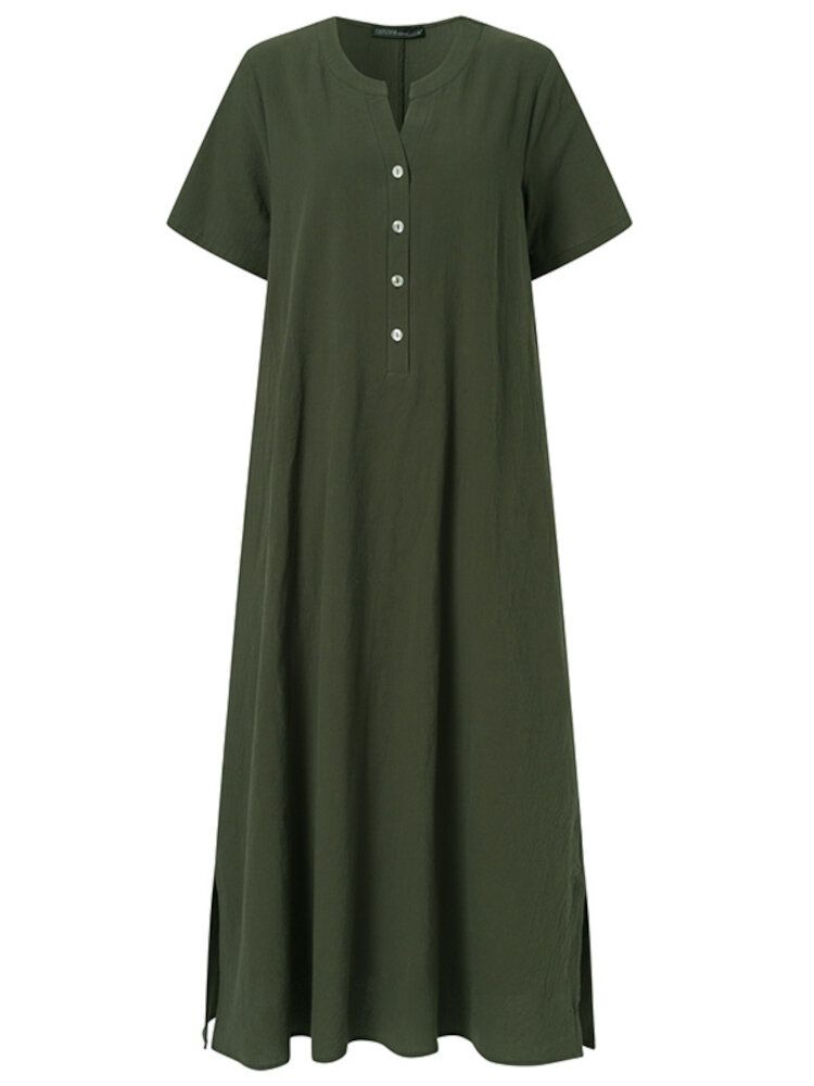 Robe Maxi Bohème Boutonnée À Manches Courtes Et Col Rond Décontracté