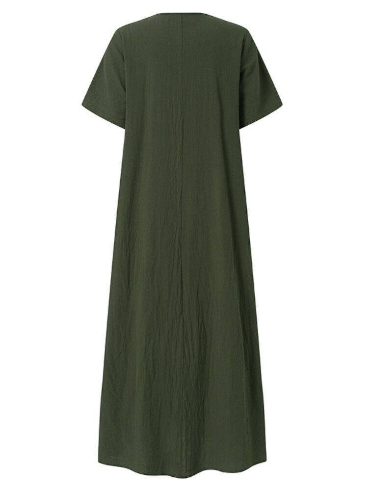 Robe Maxi Bohème Boutonnée À Manches Courtes Et Col Rond Décontracté