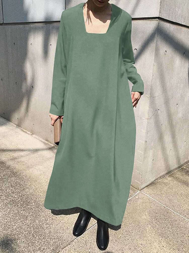 Robe Maxi Bohème À Manches Longues Et Col Carré Pour Femme Avec Poche Latérale