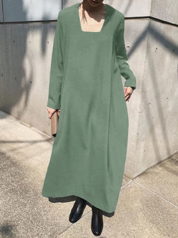 Robe Maxi Bohème À Manches Longues Et Col Carré Pour Femme Avec Poche Latérale