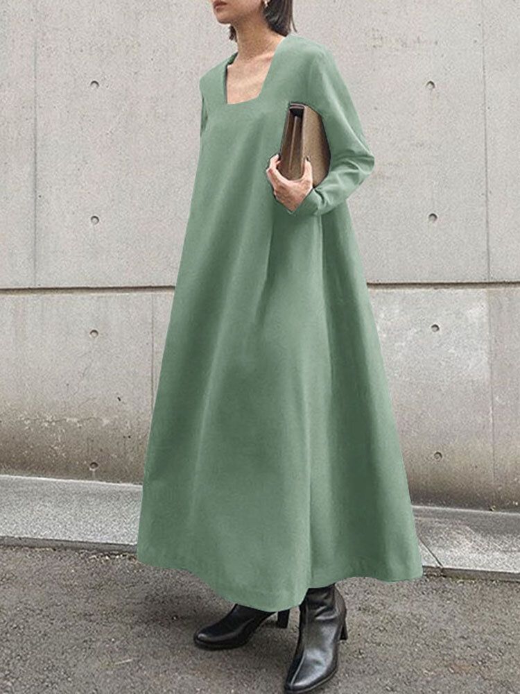 Robe Maxi Bohème À Manches Longues Et Col Carré Pour Femme Avec Poche Latérale