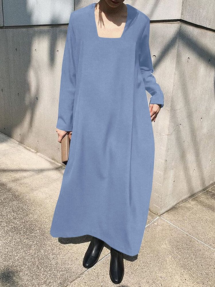 Robe Maxi Bohème À Manches Longues Et Col Carré Pour Femme Avec Poche Latérale